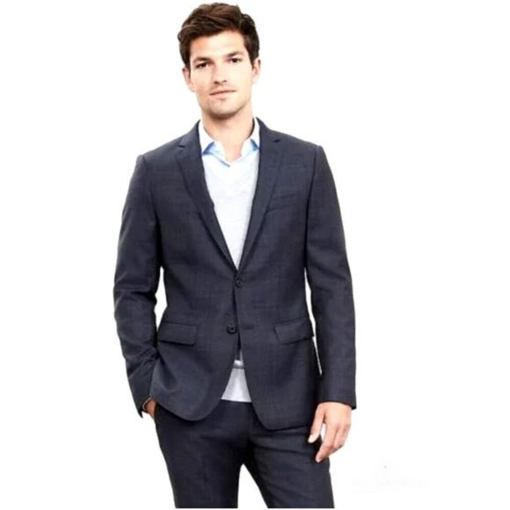 Banana Republic 42L Tailored Slim Fit Plaid Blazer Suit Jacket Navy